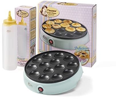 Bestron Poffertjesmaker - Pack de 700 ml, ideal para Navidad, Pascua o cumpleaños infantiles, diseño retro, 800 W, color: menta/amarillo