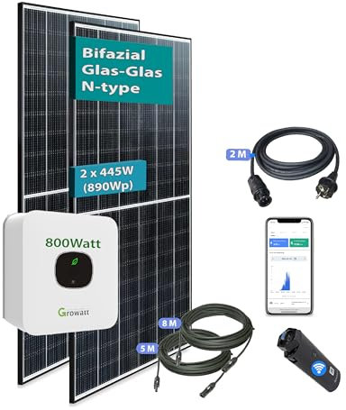 Balkonkraftwerk + bis 30% mehr Bifazialer PV-Leistung 1780Wp | 1500W Growatt MIC 1500-Tlx Wechselrichter Solaranlage 4 x 445W Solar Module Bifazial Glas Glas (Growatt, 1700Wp ohne Halterung)