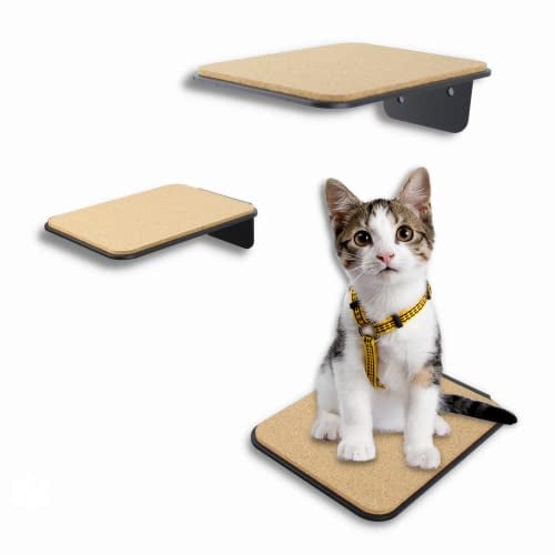 AZANO®️ Katzentreppe 3er Set | Kletterwand Katzen | Katzenleiter Wand [Modernes Design aus Metall] | Katzentreppe Wand | Katzenleiter | Katzenmöbel zum Klettern | S 16x12cm| (Schwarz - Kork)