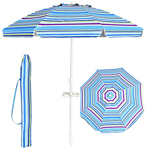 KOMFOTTEU Parasol de Plage 200 cm avec Porte-gobelet, Parasol Pliable avec Sac de transportdes, Parasol Rond, ajustable de deux Côtés à 30°, pour Terrasse, Balcon, Jardin (Rayures bleu clair)