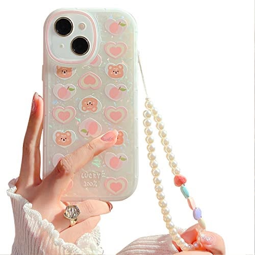 NITITOP Compatible for iPhone 13 Case, Cute Cartoon Love Bear Peach with Heart Beaded Lanyard Wrist Strap Women Girls, Shell Soft TPU Protective Cover- Pink Bear