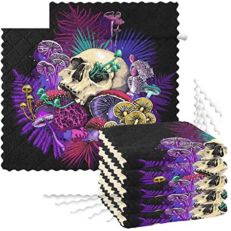 Küchen-Geschirrtücher, 6 Stück, Reinigungstücher zum Trocknen von Geschirr, Schrubben, Waschlappen für Spüle, Kochen, Backtisch, 27,9 x 27,9 cm, Pilze und Totenkopf