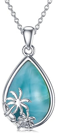 BETHZA Natürliche Larimar Halskette 925 Sterling Silber Palme Sommer Strand Anhänger Schmuck Geschenke für Frauen Mädchen