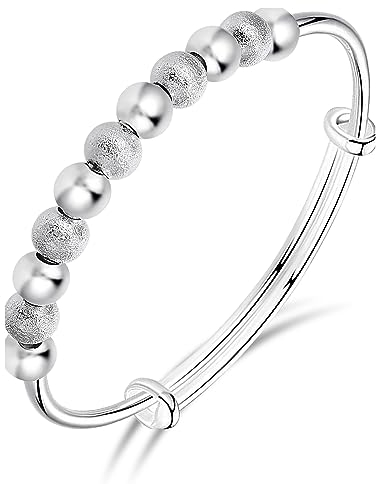 ASTER Silver Bead Spinner Bangle Bracelet for Women Adjustable, Fidget Bracelet Anxiety Relief Bracelet Jewelry Gift for Women Girls Ladies Valentine's Day Gifts Mother's Day Gift