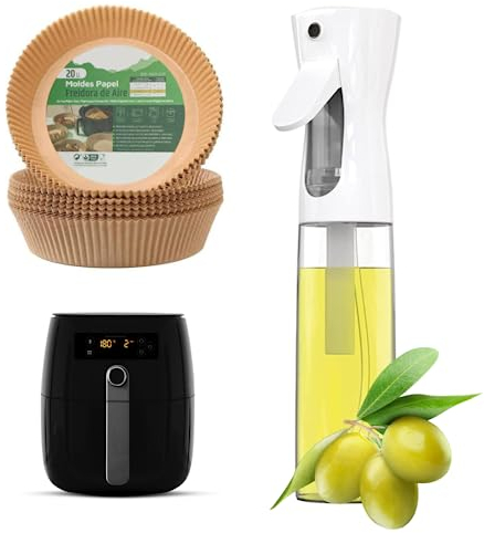 Artic North Company Pulverizador de Aceite - Spray de Aceite Cocina 200ml - Dosificador de Aceite de Oliva Vaporizador de Aceite para Cocinar + Pack 20 Papel Freidora de Aire Color Blanco