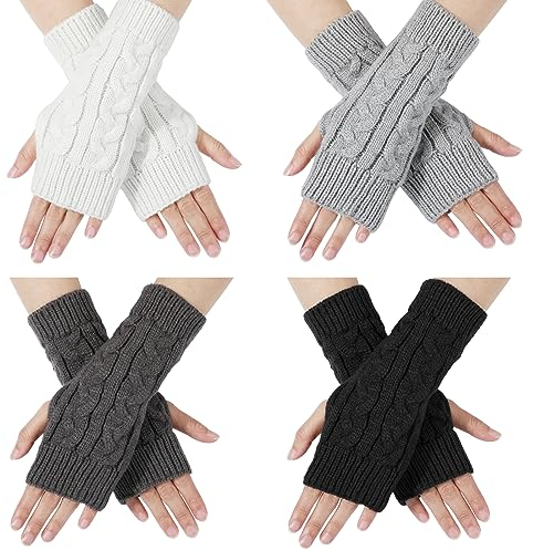TAGVO Damen Winter Fingerlose Armstulpen 4 Paar, Halb Fingerlose Handschuhe, Häkeln Stricken Pulswärmer, Kurze Elastische Halbfinger Handschuhe Fingerlose Handwärmer Sporthandschuhe