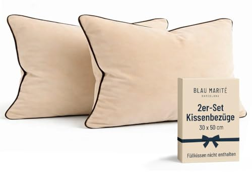 Blau Marité Kissenbezüge 30x50 cm – 2er Set aus weichem Samt – Dekokissen mit kontrastierendem Rand – Beige & Braun – Ohne Füllung