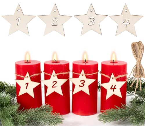 BETESSIN Adventskranz Zahlen 1-4 Holz Adventszahlen 1 2 3 4 für Kerzen Kleine Holzzahlen Sterne Kerzenhalter Kerzen Anhänger Adventskranz Deko Weihnachten Adventskalender Kerzen Zahlen Advent