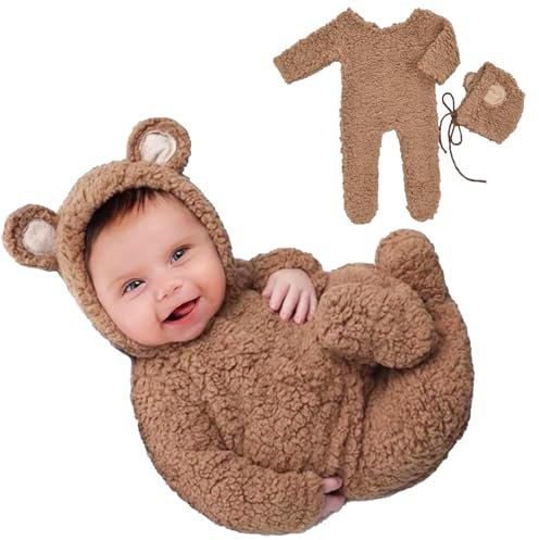 Kunyeah Baby Fleece Photo Photography Prop Outfits Infant Bear Bodysuit with Hat Newborn Photo Prop Romper for 0-3 Months (Brown)