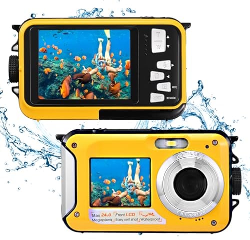 Cámara Digital Impermeable,Couleeur Full HD 2.7K 48MP Doble Pantalla Anti-Shake con micrófono LED Disparador automático y Zoom Digital 16X para niños Adolescentes (Amarillo)
