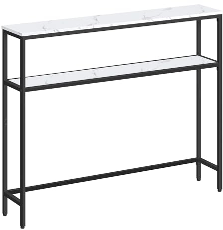 VASAGLE Mesa de Consola de 2 Niveles, Mesa Auxiliar con 2 Estantes, 20 x 100 x 80 cm, para Sala de Estar, Pasillo, Recibidor, Blanco Mármol y Negro Tinta LNT131W59