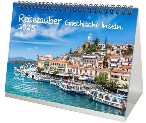Reisezauber Griechische Inseln DIN A5 Tischkalender für 2025 Kreta Mykonos Santorin Griechenland Urlaub Reise Strand Meer - Seelenzauber