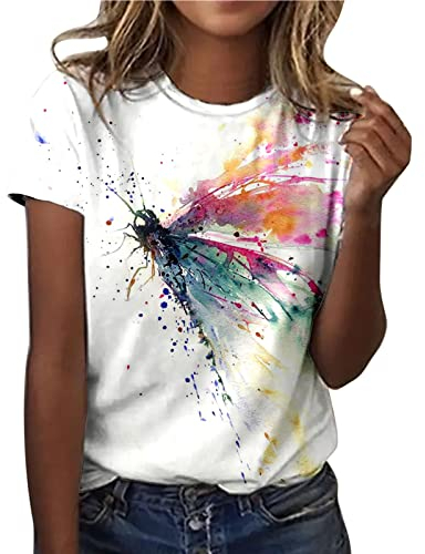 Tshirt Damen Kurzarm Oberteile Sommer Bluse mit Rundhalsausschnitt Bunte Blumen Drucken T-Shirt Tee Tops Pullover Teenager Mädchen Pulli Tunika Shirt Freizeit T Shirts Longbluse für Frauen