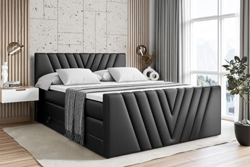 ALTDECOR Boxspringbett mit Matratze und Lattenrost, Topper, Fußteil,Polsterbett mit Bettkasten, Bett mit Stauraum H3- und H4- Matratze, Doppelbett -ERNINA-Z KING-180x200 - Schwarz Kunstleder