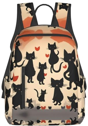 MDATT Happy Walking Kitty Rucksäcke, leicht, mit 1 Hauptfach, Schultertasche, Wandertasche, Schwarz, Einheitsgröße