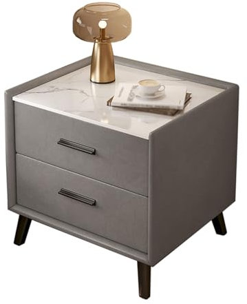 Nachttisch mit 2 Schubladen, Mid-Century Modern Nachtkommode, Nachtschrank mit Marmorplatte, mit Schwarzen Beinen und Griffen aus Massivem Metall, Sofa-Beistelltisch (A 35cm)