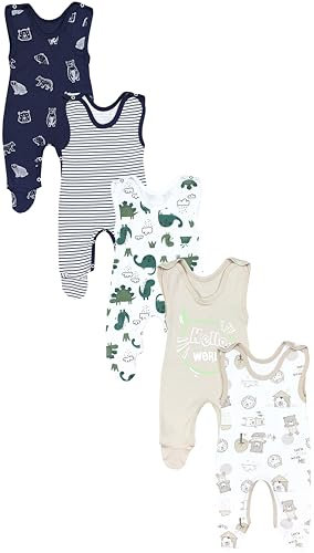 TupTam Baby Unisex Strampler mit Aufdruck Spruch 5er Pack, Farbe: Tiere und Dinos, Größe: 50