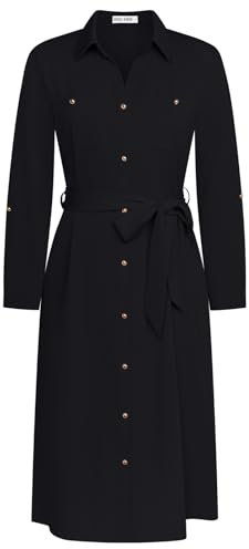 Damen Revers Langarm Blusenkleid Gerades T-Shirt Kleid mit Abnehmbarem Gürtel Schwarz S