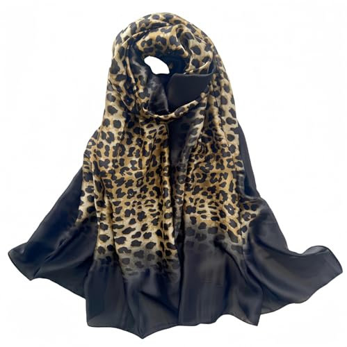 MEDUOLA Femmes Soie Foulards La Mode élégant Echarpes Extensible Doux Châle (Léopard Noir)