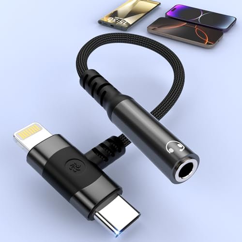 Adaptateur USB C + Lighting Jack 3,5mm de Casque Adaptateur iPhone Cable Jack i-Phone Type C vers Aux Puce DAC Haute Résolution Compatible avec iPhone 16 15 14 13,Samsung S24 S23 S21,MacBook/Xiaomi