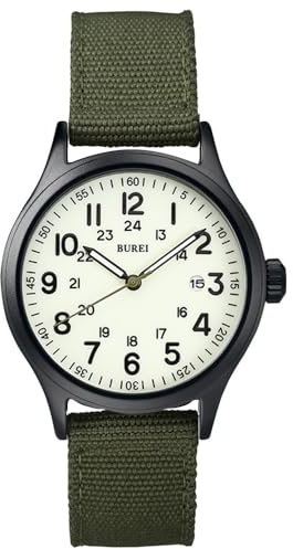 BUREI Uhren Herren Militär Analog Quarz Armbanduhr Herren 12/24-Stunden-Anzeige Leicht Ablesbares Sport Herrenuhr mit Datum und Nylon