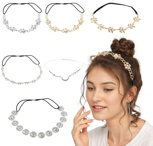 Amexo 6 Pcs Haarschmuck Damen, Elastisches Haarband Perlen Blumen Blatt Haarschmuck Haarreif Damen Haarreifen Vintage Metall Haarband Elegant Kopfkette Braut Stirnbänder haarschmuck für Frauen Mädchen