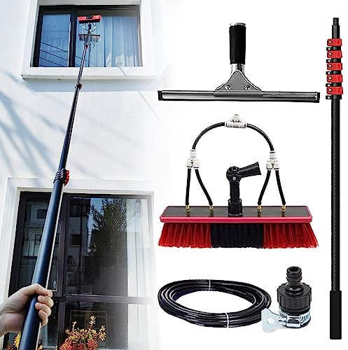 Telescopic Pole Window Cleaning Equipment with Water Fed Brush - 30FT Reach, Squeegee Hose Tap Connector, Long Reach Conservatory Roof Cleaner