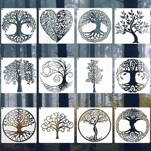 Yiqicomle Lot de 12 pochoirs arbre de vie pour peinture sur bois, toile, papier, tissu, sol, murs