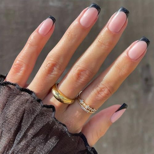 24Pcs French False Nails - Full Cover False Nails Nude Black Square Stick on Nails - Press on Nails Short - French Fake Glue on Nail for Women and Girls Nail Art