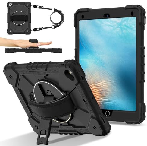 Custodia per tablet Rugged Case Compatible with iPad 5th Generation 9.7 inch Case 2017,Heavy Duty Protective Cover with Adjustable Stand & Shoulder Strap,With Wrist Strap Kids-Friendly Tablet Case Tav