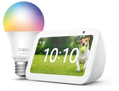 Echo Show 5 (3e génération) | Blanc + Tapo L530EA ampoule connectée LED (E27), Fonctionne avec Alexa - Kit de démarrage Maison connectée