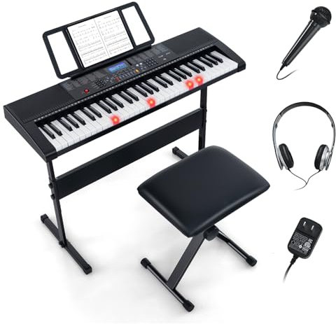 COSTWAY Set Pianoforte Elettronica a 61 Tasti, Pianoforte Digitale con Sgabello e Supporto, con 300/600 Timbri, 300/400 Ritmi, 50 Canzoni Demo, Set Tastiera con Microfono, Cuffie e Leggio (Modello 1)