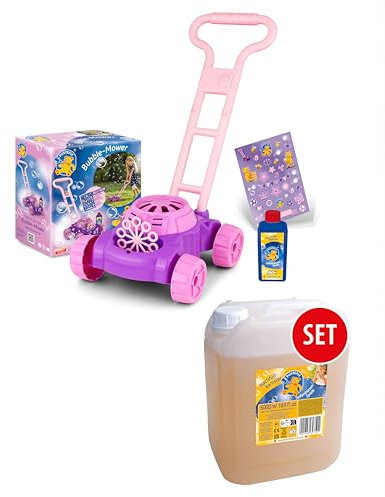 PUSTEFIX Bubble-Mower Rasenmäher Pink & 5L Nachfüllkanister I Lustiges Seifenblasen Kinder Set mit Seifenblasen Flüssigkeit I Besonders viele Bunte Bubbles