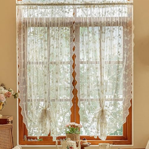 Ricemru Creme Scheibengardinen Landhausstil Spitze Gardinen Stickerei Blumen Spitzenvorhang Spitzengadinen in Wohnzimmer Küche 1 Stück,130x100