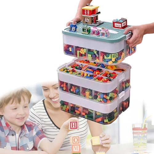 3 Ebenen Transparente Sortierbox für Lego,Sortierboxen Spielzeug Bausteine Aufbewahrung mit Fächern,Classic Große bausteine Box für Lego,Plastik Stapelbar Box mit Griff(Grün)