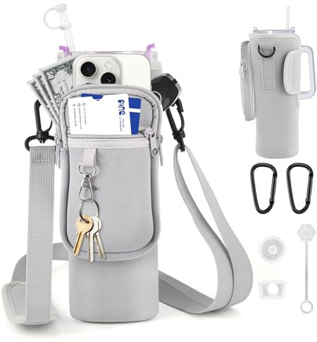 WuGU Sac de Bouteille d'eau pour Stanley Tumbler, 1.2L / 40oz Porte-Bouteille avec Bandoulière Réglable et Téléphone Sac, Résistant aux Chutes, pour Sport, Camping, randonnée, Gym, Cyclisme (Gris)