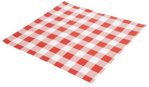 Fiesta Compostable Red Gingham Greaseproof Sheets, 250x250 mm, Pack 200 | Provides commercial-grade grease barrier for food presentation, ideal for lining baskets or wrapping burgers.