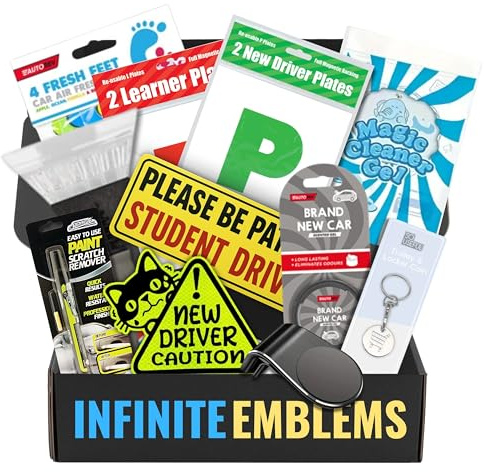 Infinite Emblems Learner & New Driver Gift Set with L and P Plates, Keyring, Ice Scraper, Car Air Fresheners, Scratch Remover, Car Cleaning Gel Putty, Please be Patient New & Student Driver Signs