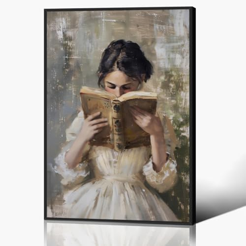 Anslipswar Woman Read Book Canvas Wall Art, Aesthetic Reading Poster, Victorian Bookish Women Portrait Oil Painting, Rustic Light Academia Feminine Picture for Girls Bedroom Nursery 30x40cm Framed