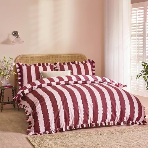 furn. Wylder Birdie Stripe Duvet Cover Set – Reversible Ruffled Cotton Rich Striped Bedding (Burgundy/Blossom - Double)
