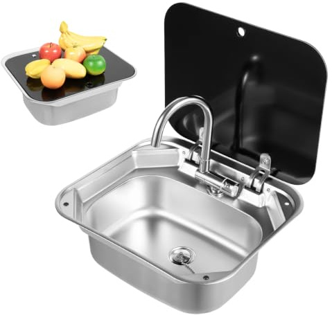 Mqwdxzfes Ensemble d'évier encastrable en acier inoxydable 304 avec robinet et couvercle, lavabo de camping, caravane, kit de montage pour camping-car, camping, 41 x 36,5 x 16 cm