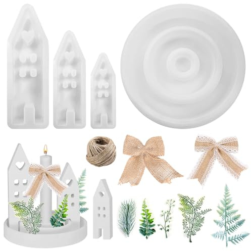 4 Stück Silikonformen Gießformen Kerzenhalter Silikonform Haus Silikonform Gießform Kerzenhalter mit 5 Simulierten Greenery&2 Schleifen&1 Bündel Twine für Fenster Kamin Weihnachtsdeko
