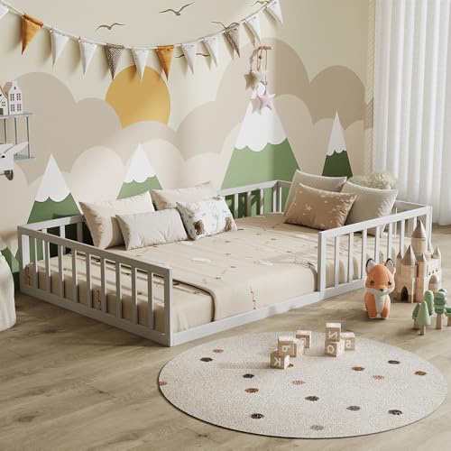 VitaliSpa Bodenbett Minno 120x200, Kinderbett aus Metall, Montessori Bett mit Rausfallschutz, niedrige Einstiegshöhe, Weiß