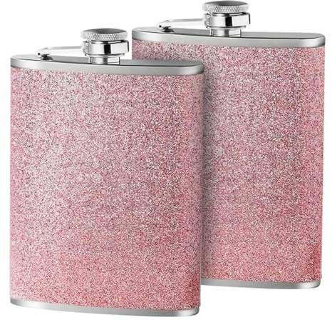 DAVBNM 2 PCS 8 Oz Hip Flask, Pink Stainless Steel Hip Flasks, Hip Flasks for Women, Sparkling Pocket Decorative Bottle, Alcohol Flask for Camping, Barbecue, Bar, Party, Drinking