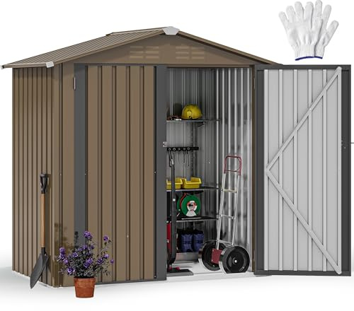 DWVO Gerätehaus 6x4 Fuß (183x122 cm) aus Metall, Gartenhaus mit abschließbarer Tür, Wetterfester Aufbewahrungsschuppen aus feuerverzinktem Stahl für Werkzeuge, Garten & Terrasse - Braun