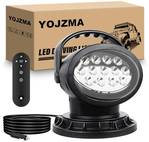 YOJZMA 50W Luce di Ricerca con Telecomando, Luce Lavoro LED Rotante 360° | Modalità Strobe, Forti Magneti Incorporati, Luminosità Regolabile, Proiettore Flood 12V 24V per Camion, Barche, Caccia
