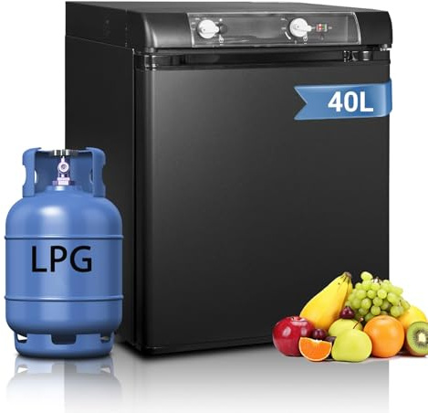 Techomey Frigo Trimixte 12V 220V Gaz, 40L, Frigo Gaz pour Camping, Silencieux avec Porte Réversible, pour Maison, Camping car, Caravane, Gîte, Mobile-home, Noir