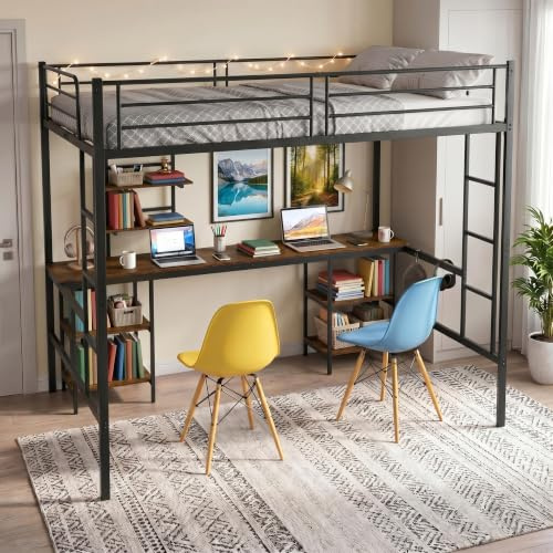 DORAFAIR Lit Mezzanine Double en Métal 140 x 200 cm avec Bureau & Rangement