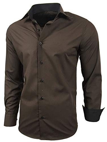 Baxboy Herren-Hemd Slim-Fit Bügelleicht Für Anzug, Business, Hochzeit, Freizeit - Langarm Hemden für Männer Langarmhemd R-44, Farbe:Braun, Größe:S