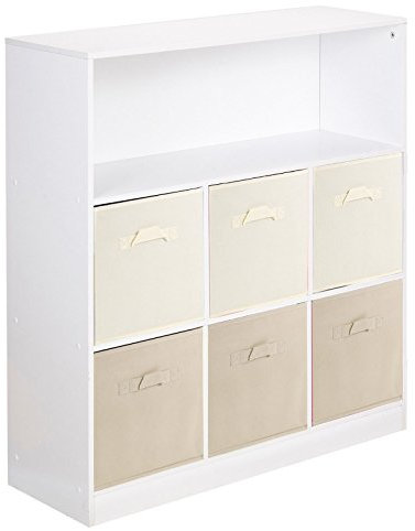 URBNLIVING White Wide 7 Cube Bookcase Cream & Beige Non Woven Drawers